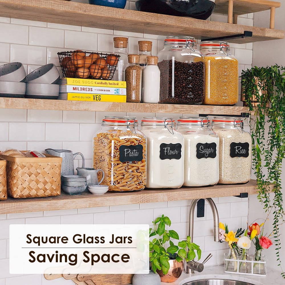 [UPGRADE] 2 Pack Square Super Wide Mouth Airtight Glass Storage Containers with Lids, 1.1 Gallon Glass Jars with 2 Measurement Marks, Canning Jars with Leak-proof Lid for Kitchen (Spare Gasket)