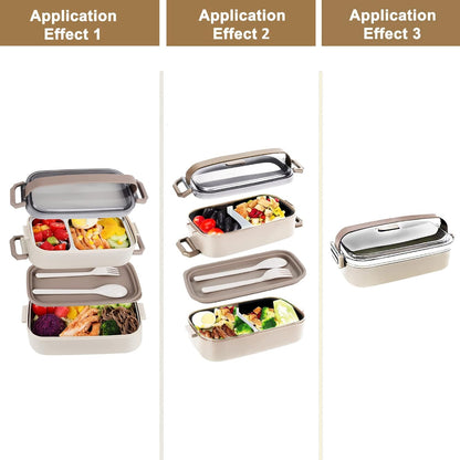 Stainless Steel Bento Box for Adults&Kids,Japanese Leakproof Lunch Box Divided Food Meal Storage Containers Set Stackable 2 Layer for Children School Picnic Beige