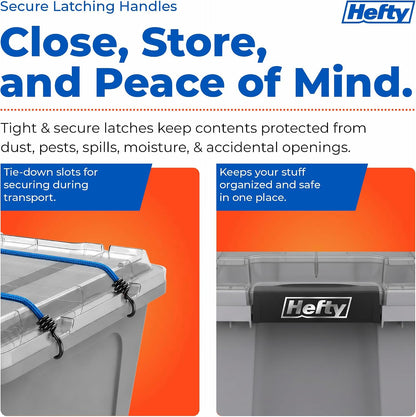 Hefty MAX Pro 12 Gallon Storage Bins with Latching Lids, Heavy Duty Stackable Plastic Storage Containers for Garage, Basement & Outdoor Use, Utility Storage Tote, 6 Pack, Gray