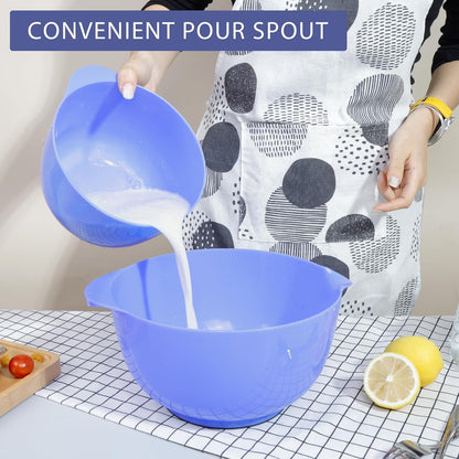 BoxedHome 4.5 Quart Large Plastic Mixing Bowls, Microwave Safe Mixing Bowl Set with Pour Spout, Nesting Bowls for Space Saving Storage(Violet Blue)