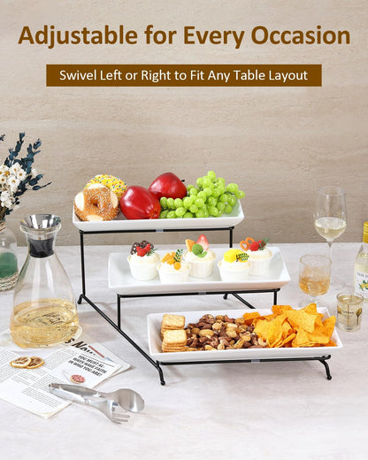 Yedio 3 Tier Serving Trays for Party, Porcelain Serving Platters and Trays, 12 Inch Tiered Tray Stand, Fruit Tray, Trays for Serving Food, White Dessert Stand with Collapsible Sturdier Metal Rack