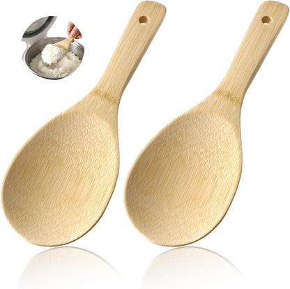 2PCS Natural Bamboo Rice Paddle Spoon, 8 Inch Wooden Spoons