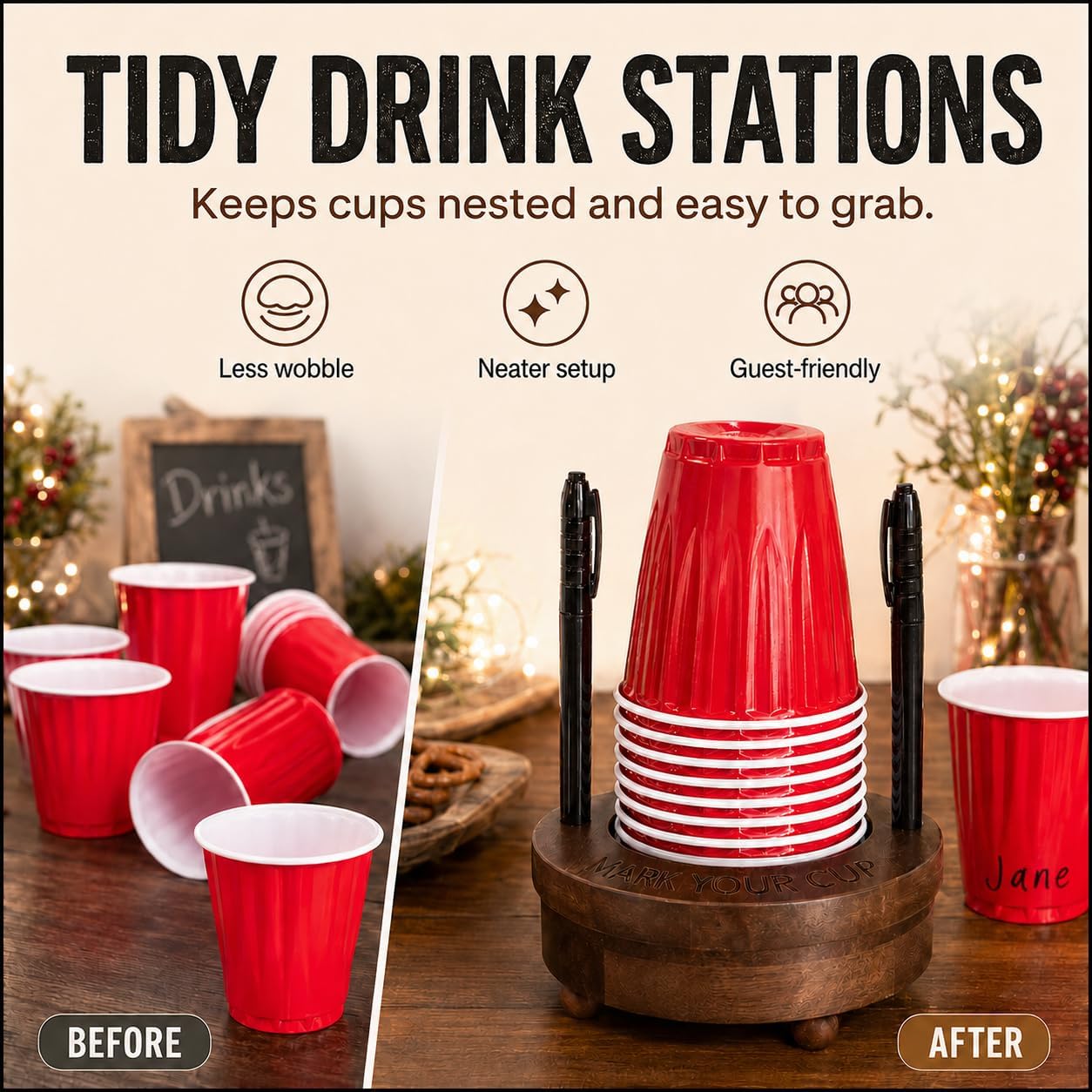 Party Cup Holder for 3-4" Cups - Hosting Essential to Prevent Mix-Ups & Reduce Waste - Sturdy Drink Organizer with Rubber Feet for Birthdays, BBQs, & Holiday Gatherings (Cups & Markers Not Included)