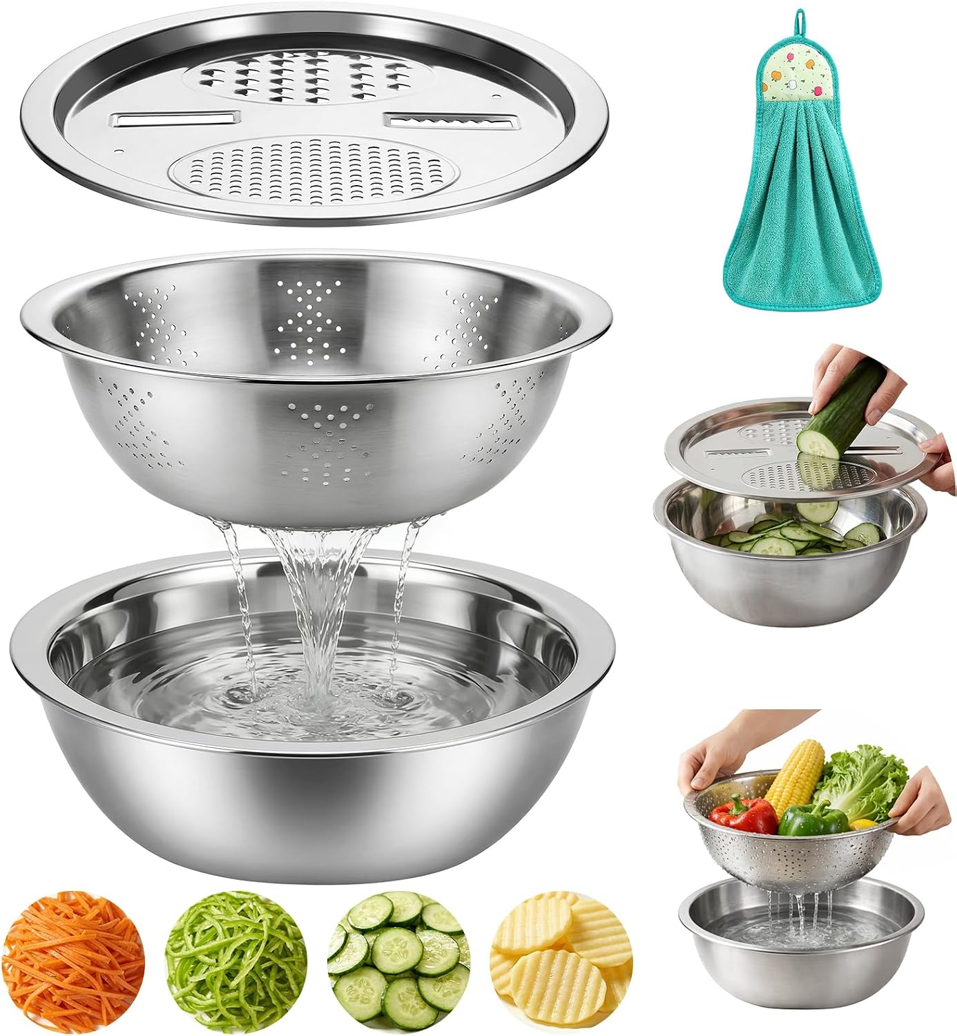 Stainless Steel Mixing Bowls Set, Multifunctional Kitchen Basin with Strainer & Colander, Fruit Lettuce Spinner for Washing, Draining & Food Prep (9.45in（24cm）)