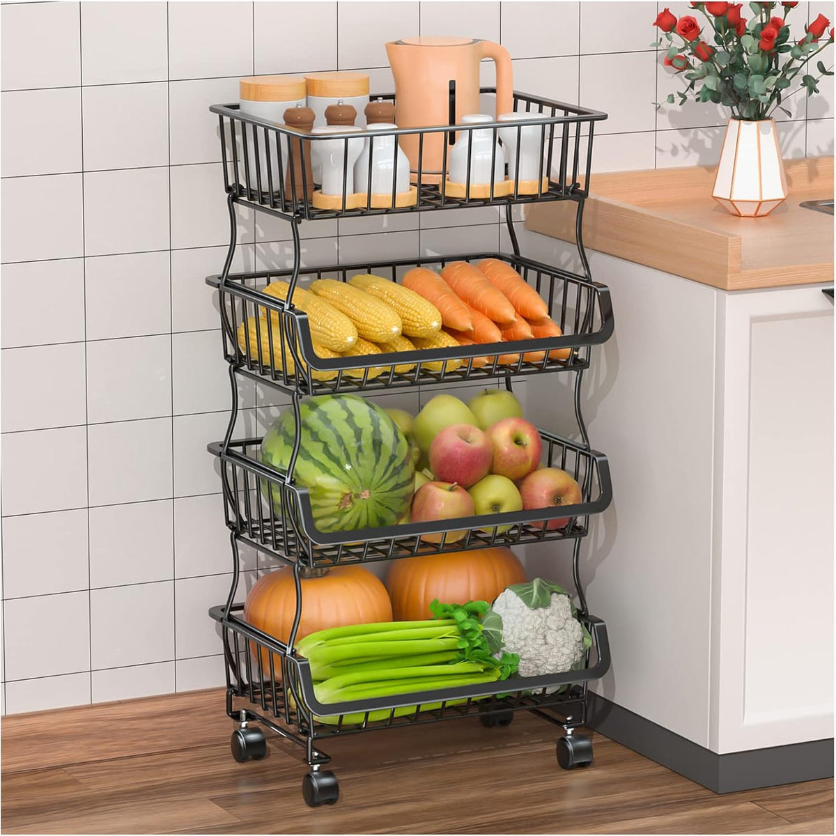 Gsiekare 3-Tier Rolling Pantry Organizer and Storage Cart with Wheels | Stackable wire pantry baskets for pantry shelves, fruit basket stand, easy to move, storage rack for food snack onion potato