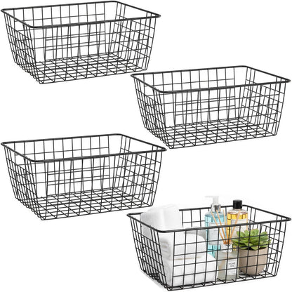 Metal White Wire Basket,Food Storage Organizer with Wooden Handles, pantry organizers and storage for Organizing Kitchen Cabinets potato onion, 2 Packs