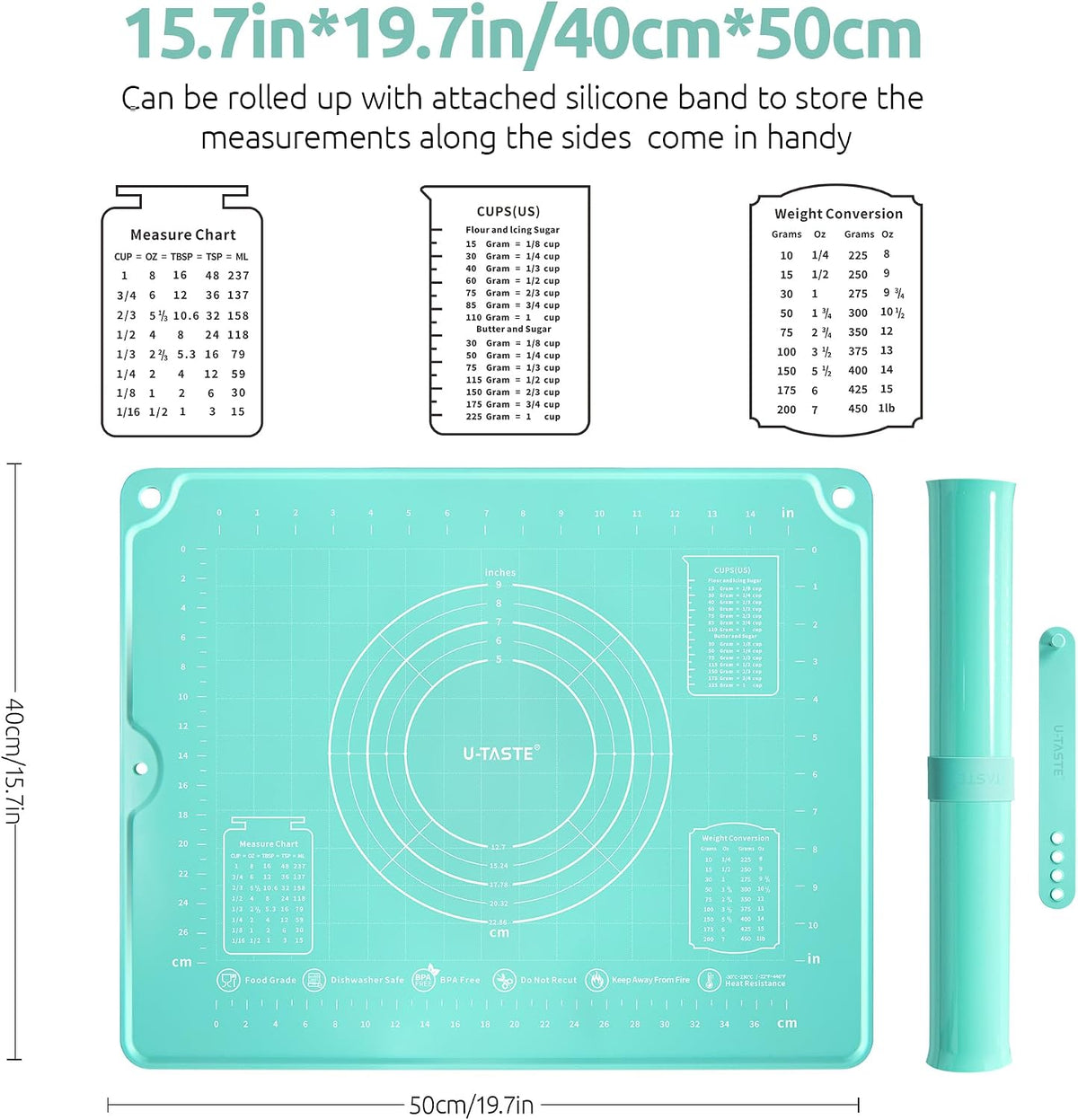 U-Taste Silicone Pastry Mat, Dough Rolling Baking Sheet, 28x20"/Transparent