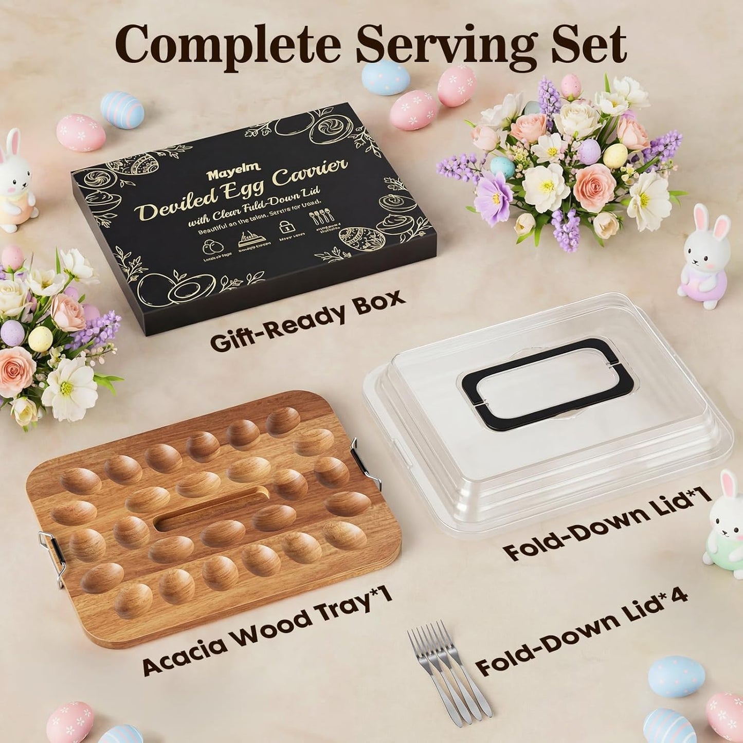 Deviled Egg Containers with Lid, Acacia Wood Deviled Egg Platter Tray for 26 Eggs, Fold-Down Clear BPA-Free Cover Stores Flat, Portable Handle, Secure Latch, 4 Stainless Steel Forks (Black)