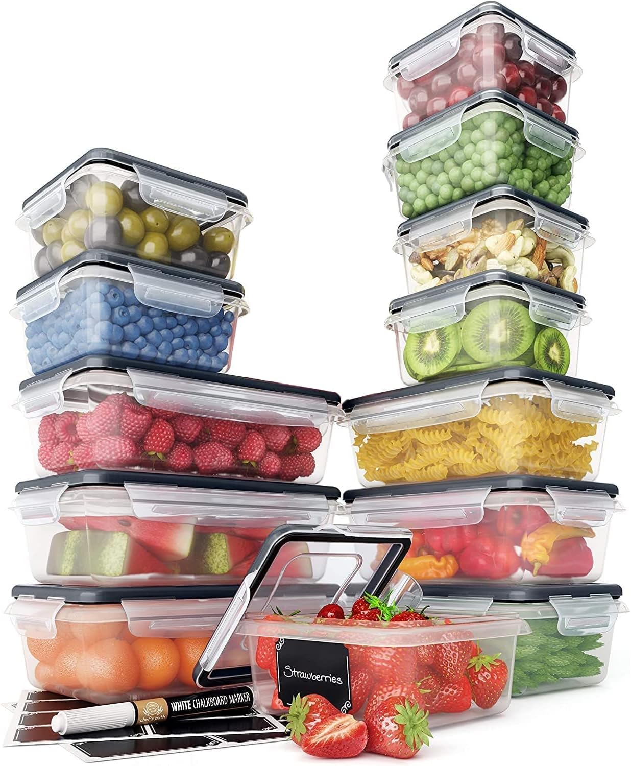 Chef's Path 28 Piece Airtight Food Storage Containers with Easy Snap Lids, 14 Containers and Lids, Stackable Kitchen and Pantry Canisters for Coffee, Meal Prep and Food Storage -Transparent