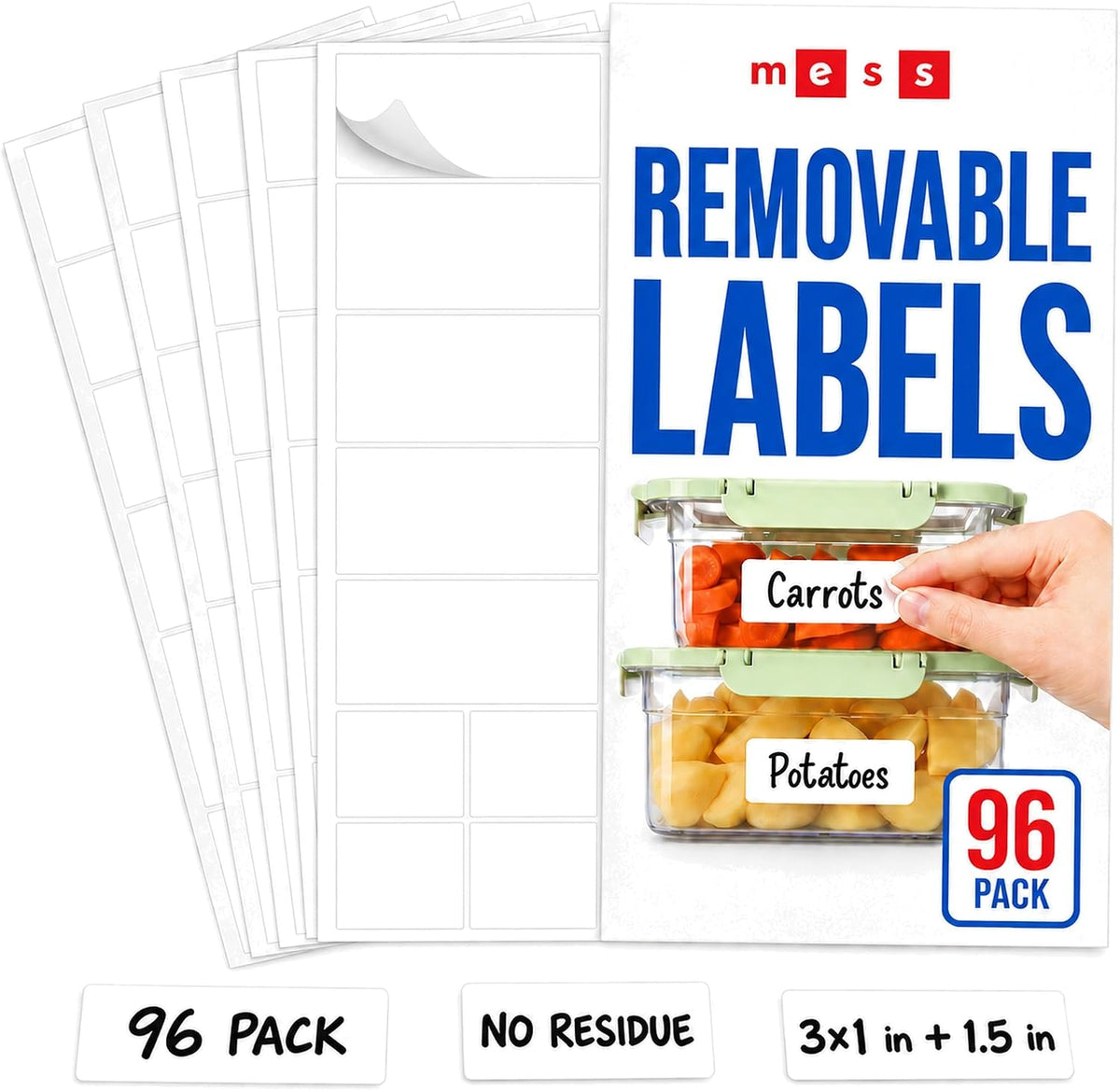 MESS Removable Food Labels for Containers (96-Pack) 1x3 & 1.5" Erasable Kitchen Labels for Organizing, Freezer & Fridge, White Dry Erase Labels for Jars