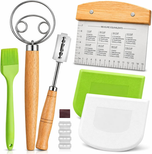 BOORIKA Sourdough Bread Baking Tool Set with Danish Dough Whisk, Bread Lame & Blades, Bench Scraper, Dough Scrapers and Silicone Brush – Sourdough Starter Kit