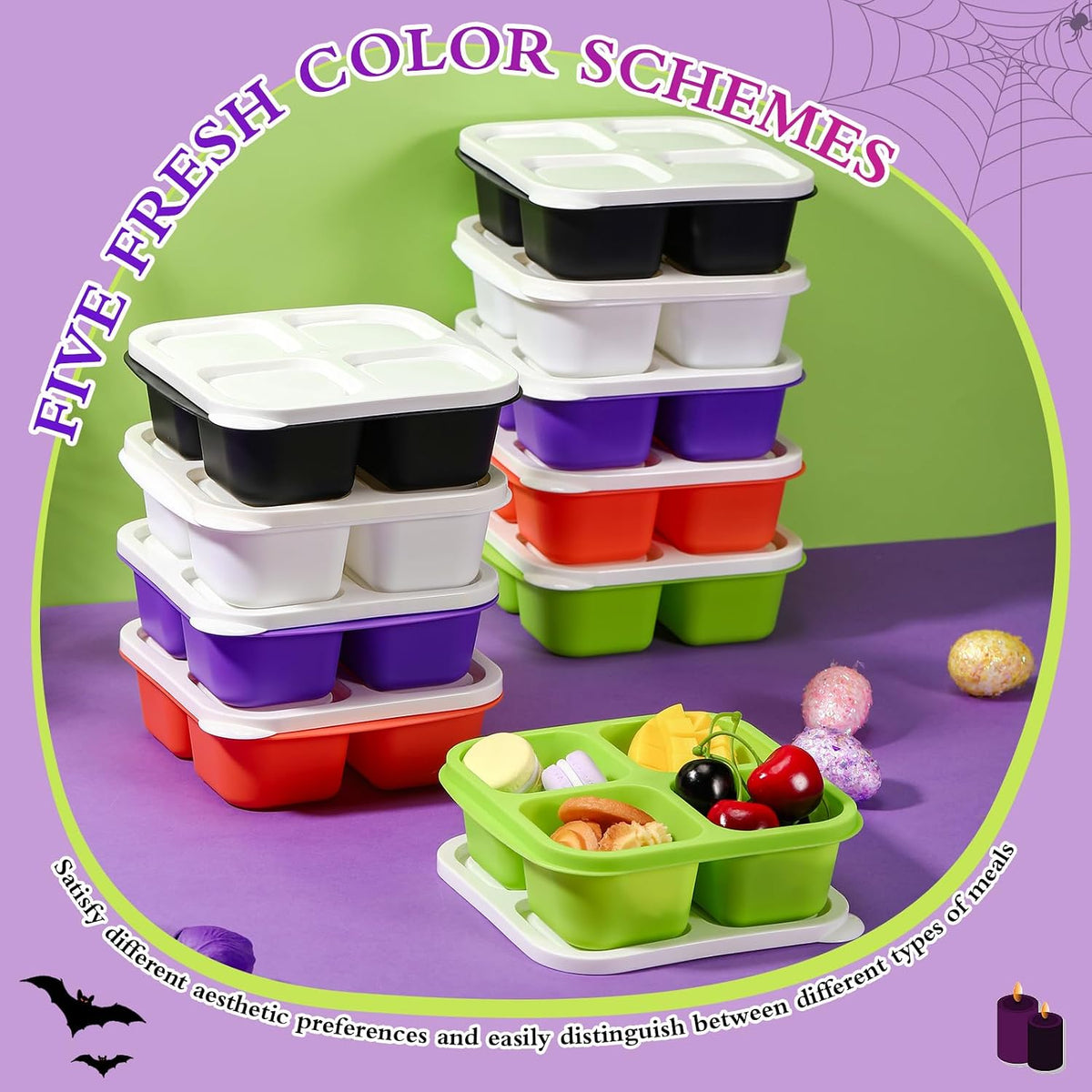 Honeydak 10 Pack Bento Snack Containers 4 Compartment Snack Boxes Reusable Containers with Lids Divided Meal Prep Lunch Food Storage Box for School Work Travel
