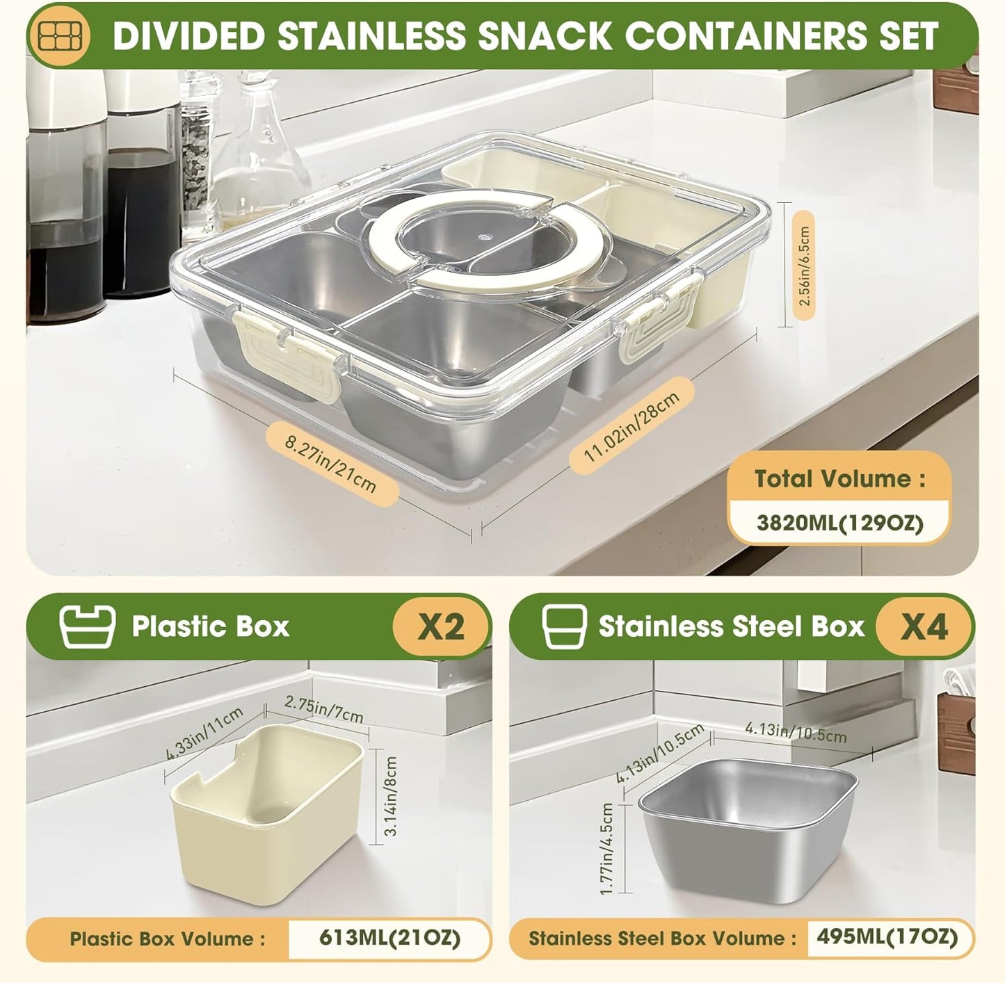 WanshengLe 6 in 1 Snackle Box 3.82L with Lid & Handle, 4 PCS Stainless Steel Snack Box and 2 PCS Plastic Box, 6 Detachable & Dishwasher Safe Snacklebox, Divided Container Box for Snack Fruit Nut