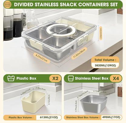 WanshengLe 6 in 1 Snackle Box 3.82L with Lid & Handle, 4 PCS Stainless Steel Snack Box and 2 PCS Plastic Box, 6 Detachable & Dishwasher Safe Snacklebox, Divided Container Box for Snack Fruit Nut
