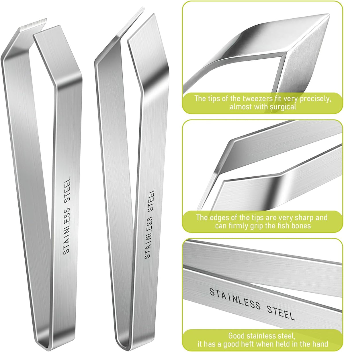 2 Pcs Stainless Steel Fish Bone Tweezers, Flat and Slant Tip Set