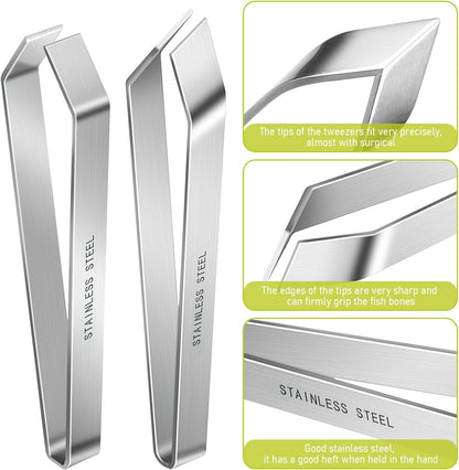 2 Pcs Stainless Steel Fish Bone Tweezers, Flat and Slant Tip Set