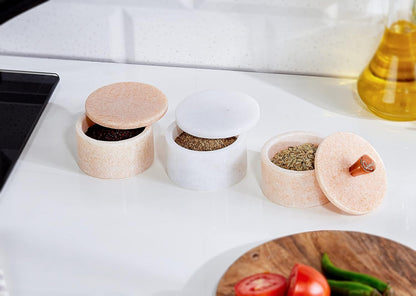 Queenza White Marble Salt Cellar with Lid – Handmade Salt Box & Salt Container for Kitchen Countertop