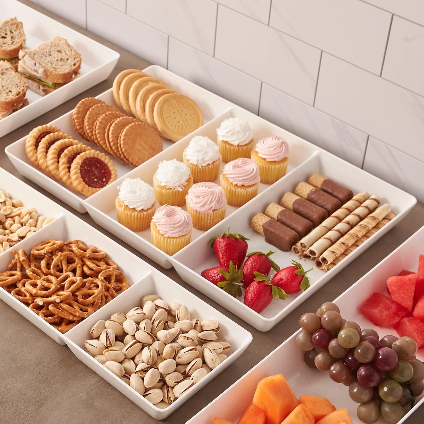 US Acrylic Avant White Plastic Divided Serving Trays (Set of 4) 15” x 5” | Narrow Reusable 3-Section Party Platters | Serve Appetizers, Fruit, Veggies, & Desserts | BPA-Free & Made in USA