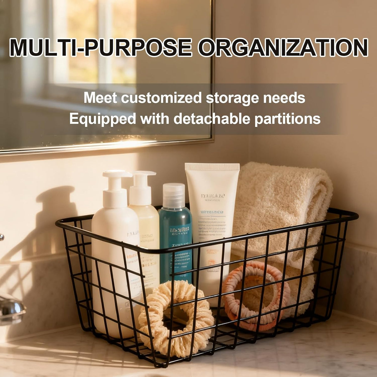 2Pcs Black Wire Kitchen Storage Baskets, Pantry Organization Accessories Basket, Stackable Metal Mesh Organizer with Handles, Multi-Purpose Basket for Fruits Bathroom Kitchen