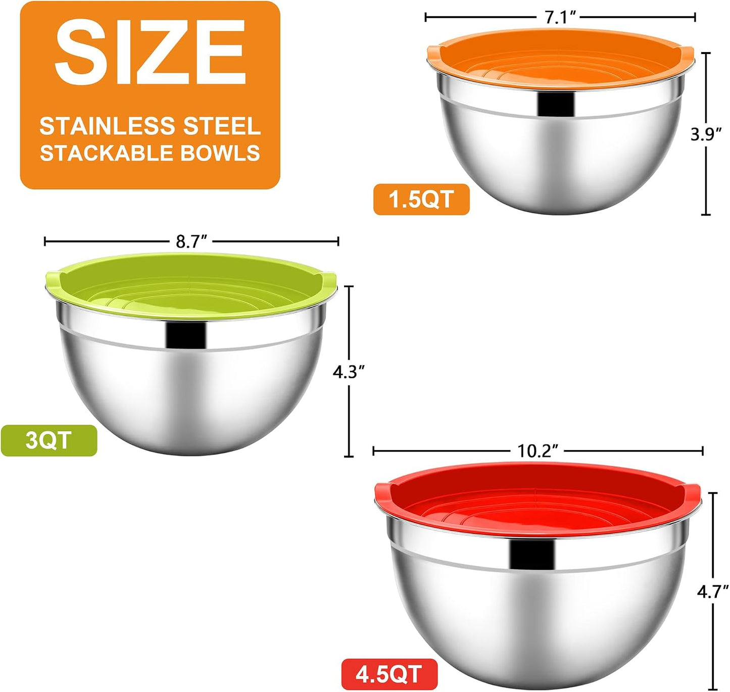 E-far Mixing Bowls With Lids Sets of 5, 10-Piece Stainless Steel Salad Metal Nesting Bowl for Baking Cooking and Prepping, Airtight Lid & Stackable Design, Size 4.6, 3, 2.1, 1.5, 0.7 QT, Black