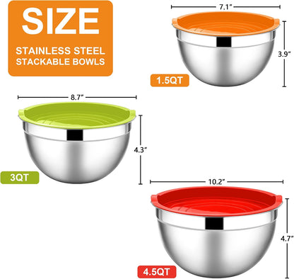 E-far Mixing Bowls With Lids Sets of 5, 10-Piece Stainless Steel Salad Metal Nesting Bowl for Baking Cooking and Prepping, Airtight Lid & Stackable Design, Size 4.6, 3, 2.1, 1.5, 0.7 QT, Black