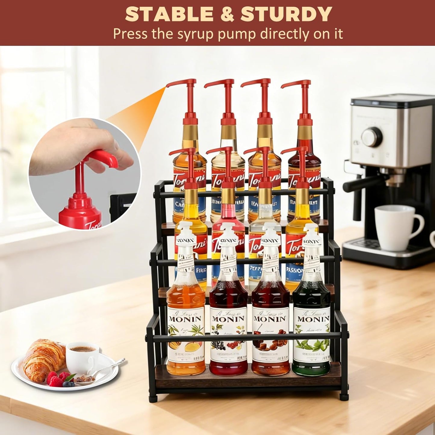 Countertop Liquor Bottle Organizer Shelf, 3-Tier | Rustic Display Rack, For Wine & Coffee Syrups, Freestanding Bar and Kitchen Storage, Easy-Carry Handles