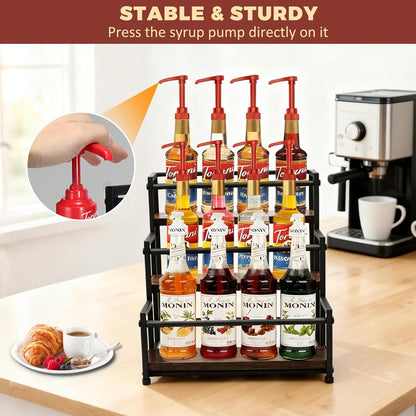 Countertop Liquor Bottle Organizer Shelf, 3-Tier | Rustic Display Rack, For Wine & Coffee Syrups, Freestanding Bar and Kitchen Storage, Easy-Carry Handles