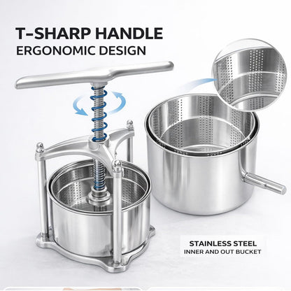 Manual Cheese Press, 0.8 Gallon Heavy Duty Food Press for Cheese, Tofu & Vegetable Dehydration – Stainless Steel Basket Herb & Tincture Press with Filter Bags, Not for Hard Fruits