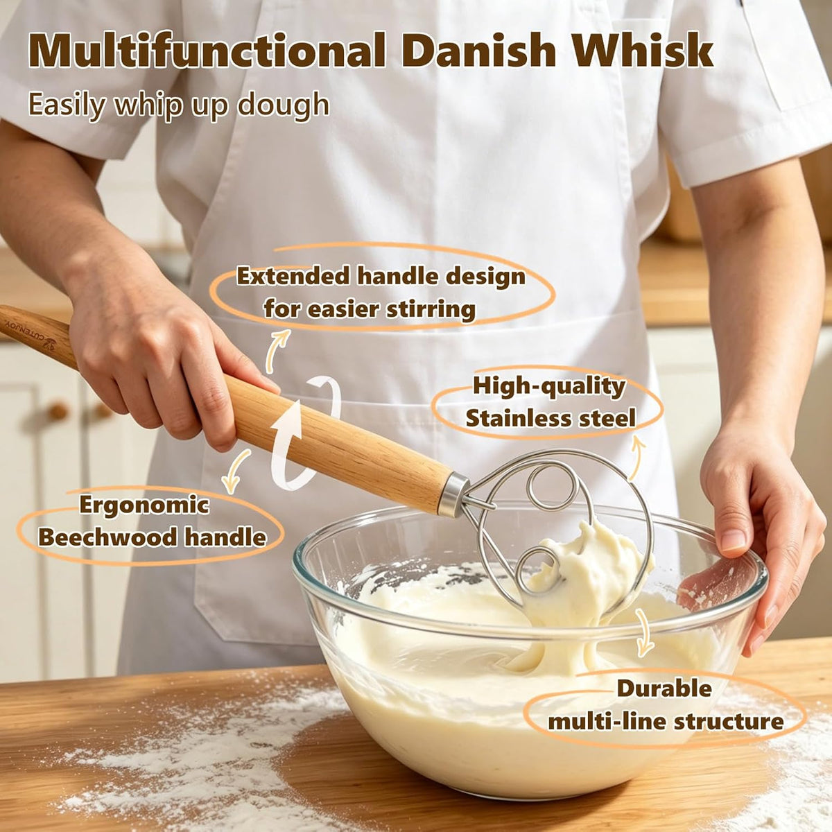 13-Inch Danish Dough Whisk Set, Sourdough Tools for Bread Making