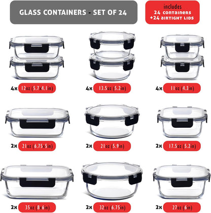 Nestl 24pc (12 Airtight, Freezer Safe Food Storage Containers and 12 Lids), Pantry Kitchen Storage Containers, Glass Meal Prep Container for Lunch, Glass Storage Containers with Lids Black