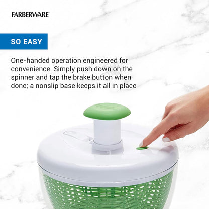 Farberware Easy to use pro Pump Spinner with Bowl, Colander and Built in draining System for Fresh, Crisp, Clean Salad and Produce, 6.6 quart, Green