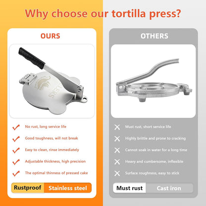Tortilla Press Stainless Steel，SELERS,Heavy Duty, Adjustable To Press Different Thickness Of Crust, Removable, For Flour Tortilla, Roti, Flatbreads, Taco, Pie, Silver (10.5 inch)
