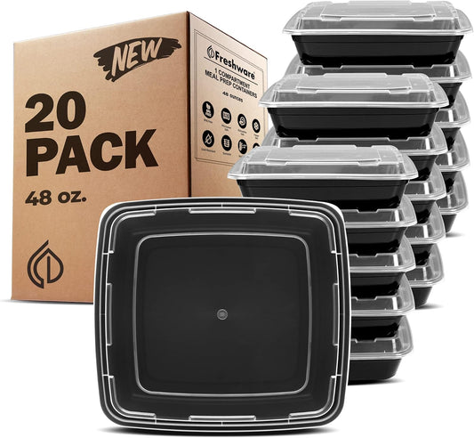 Freshware Meal Prep Containers [20 Pack] 1 Compartment Food Storage Containers with Lids, Bento Box, Stackable, Microwave/Dishwasher Safe (48 oz)