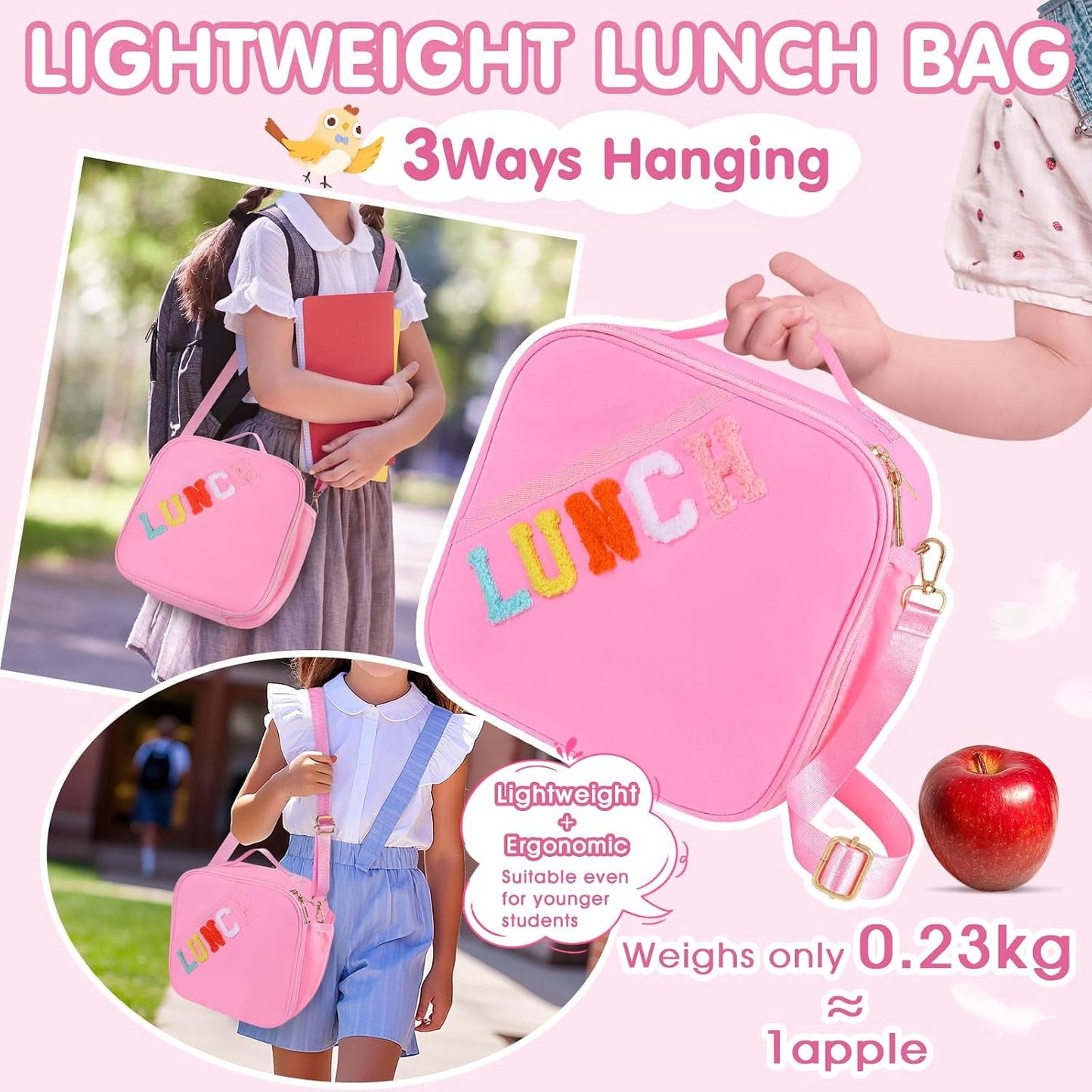 Nsrzua Lunch Bag Kids-Kids Insulated Lunch Bag with Adjustable Strap - Reusable Leakproof Lunch Box for Girls, Preppy School Lunch Tote for Travel, Picnic,School & Winter Camp