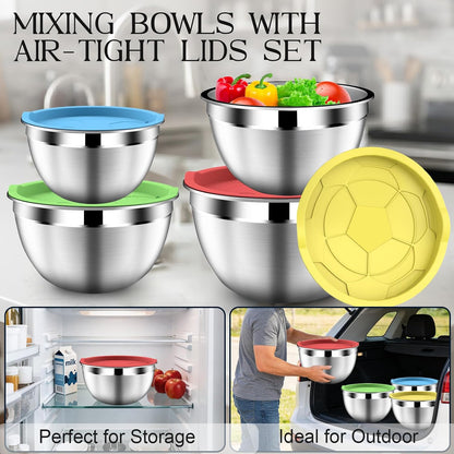 DUTZUN Mixing Bowls with Lids Set - 16pcs Stainless Steel Mixing Bowl Set with Colander, 3 Grater Attachments, Non-Slip Bottom, Metal Nesting Bowls with Strainer for Mixing & Serving - Black