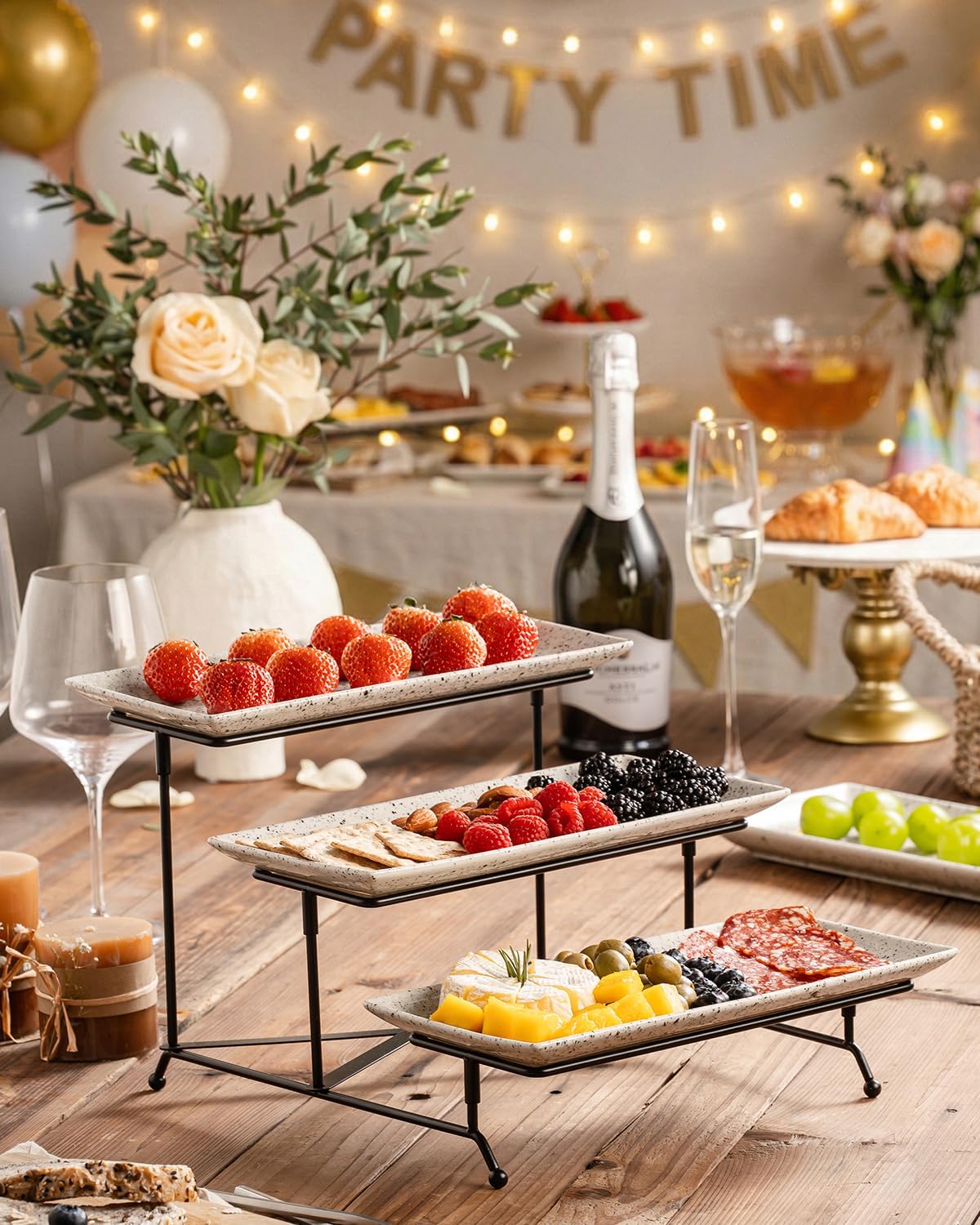 LAUCHUH 3 Tier Serving Tray, Porcelain Serving Platter Tier Serving Stand with Collapsible Sturdier Rack, Serving Trays and Platters Dessert Party Display Set for Father's Day, Gold, 12 Inch