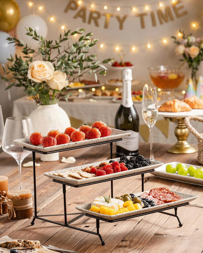 LAUCHUH 3 Tier Serving Tray, Porcelain Serving Platter Tier Serving Stand with Collapsible Sturdier Rack, Serving Trays and Platters Dessert Party Display Set for Father's Day, Gold, 12 Inch