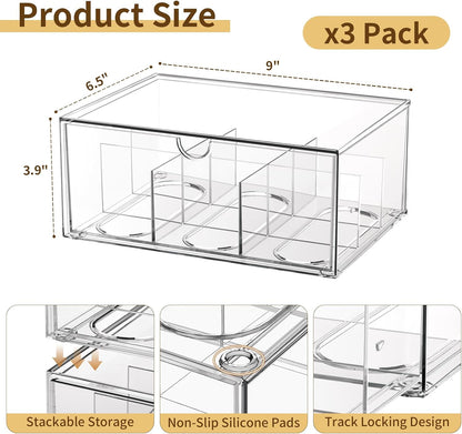 2 Pack Clear Tea Bag Organizer, Stackable Drawer Organizer with Dividers for Pantry Bathroom Vanity Kitchen - Cabinet Countertop Shelf Plastic Storage Bins for Coffee/Makeup/Cosmetic/Crafts/Jewelry