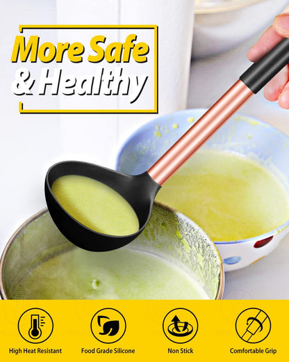 Pack of 2 Ladle Spoon,Silicone Large Spoon for Soup,Non Stick Kitchen Utensils with High Heat Resistant,BPA Free Perfect Kitchen Tools for Cooking, Stirring,Serving Soups (BLACK-WHITE)
