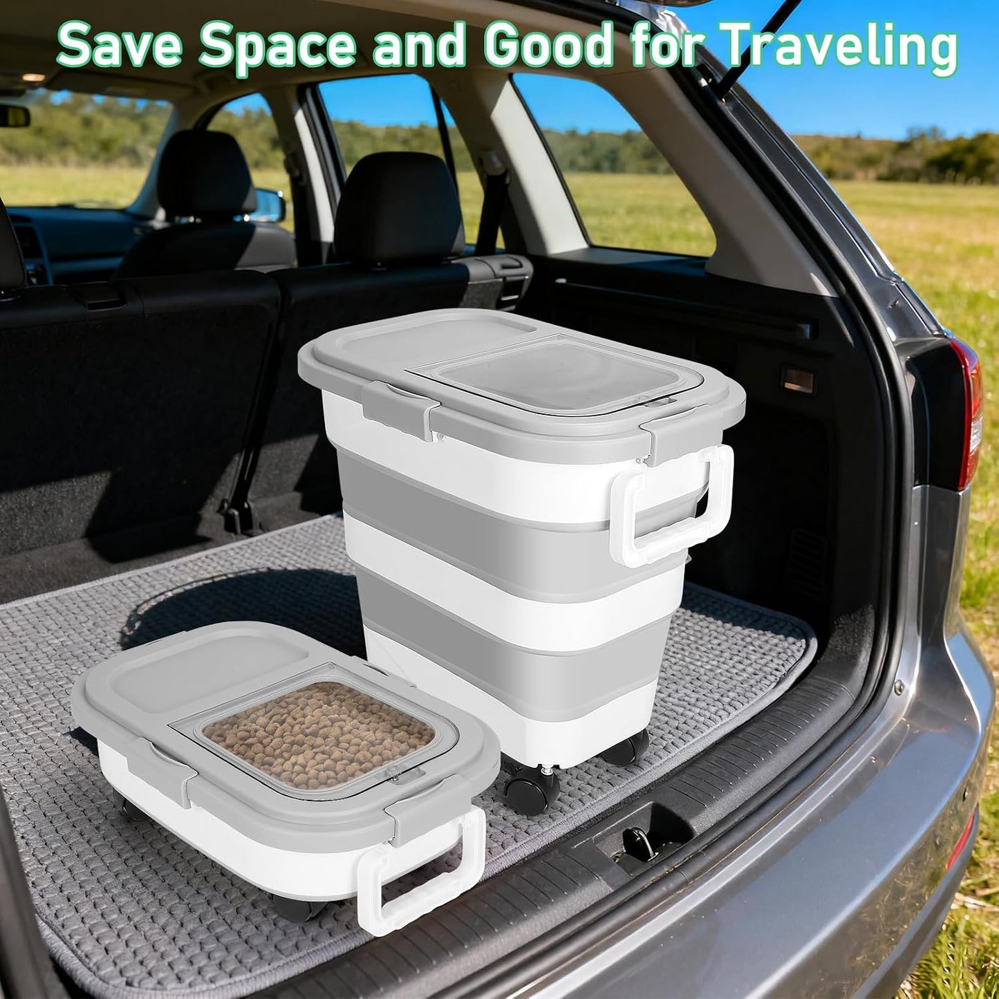 Dog Food Storage Container with Rolling Wheel and Airtight Lid, Black, 30LB | Foldable Food Storage Bins with Snap-Lid Seal to Keep Kibble, Pellets or Seeds Fresh for Dogs, Cats and Birds