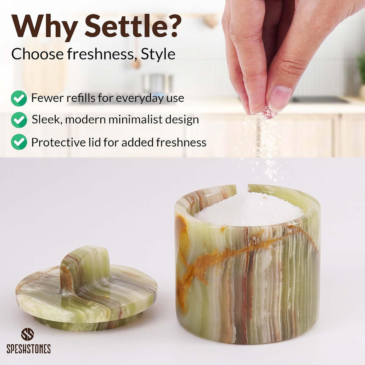 Marble Salt Cellar with Lid & Spoon 4 Inch, Green