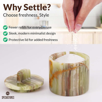 Marble Salt Cellar with Lid & Spoon 4 Inch, Green