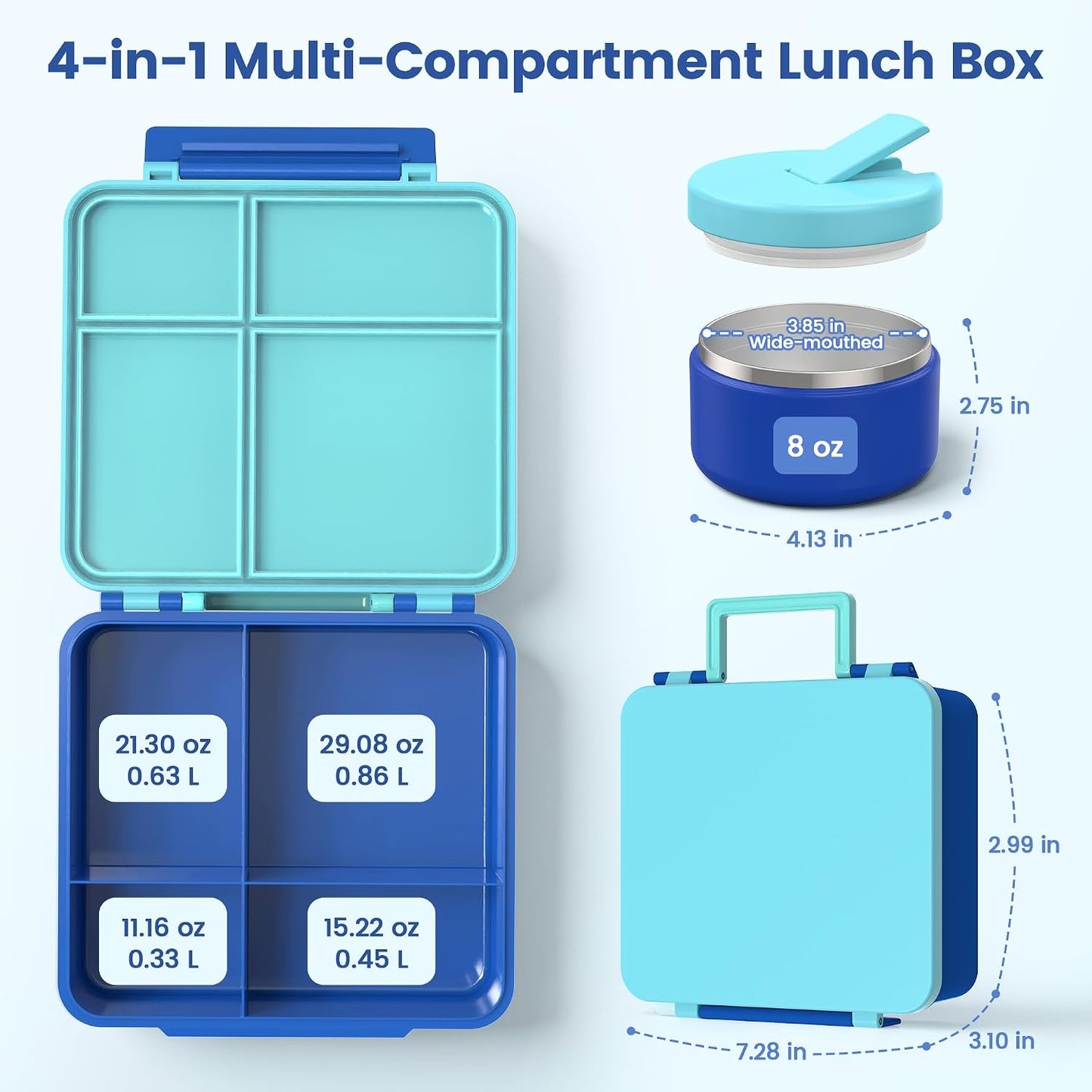 LOHASOK Bento Lunch Box Kids with 8oz Soup Thermo, Leak-Proof Lunch Containers with 4 Compartment, Thermo Hot Food Jar and Insulated Lunch Box for School Blue