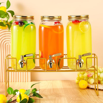3 Pack 80 oz Glass Beverage Dispenser with Stand Clear Mason Jar Water Dispenser for Party, Fridge Includes Leakproof Stainless Steel Spigot, Black Lid and Label(Black)