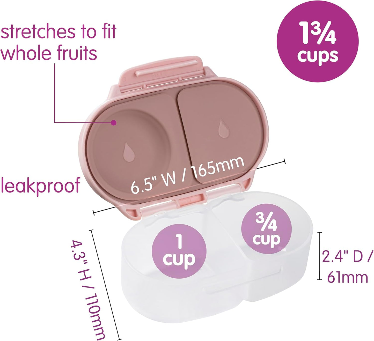 b.box Snack Box 2-Pack - Leak Proof Mini Bento Box for Kids & Toddlers, 2 Compartment Snack Containers for Kids, Dishwasher Safe, BPA-Free, PFAS-Free, Ages 4mo+, 1 3/4 Cup Each (Strawberry + Lilac)