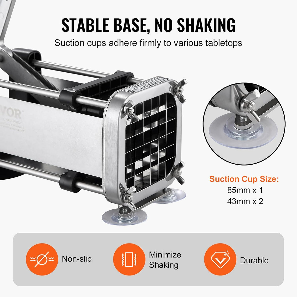 VEVOR French Fry Cutter, Potato Slicer with 1/2", "3/8", "1/4 Stainless Steel Blades, Manual Potato Cutter Chopper with Suction Cups, Great for Potato, French Fries, Cucumber, Vegetables, Carrot