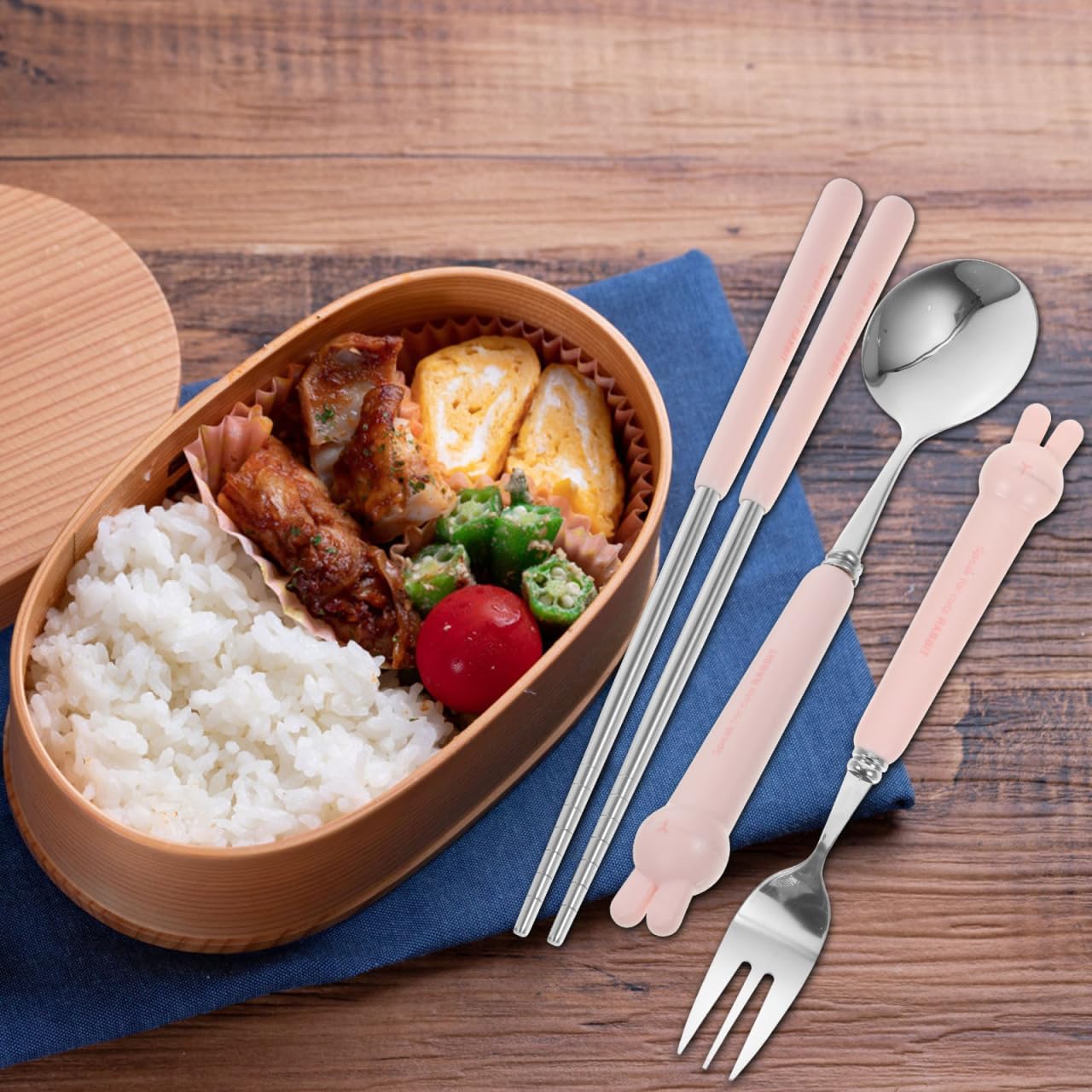 4 PCS Travel Utensils with Case, Portable Stainless Steel Reusable Cutlery Set for Lunch Box, Includes Spoon Fork Chopsticks, Small Pink Cartoon Flatware for Students, Kids School, Office, H