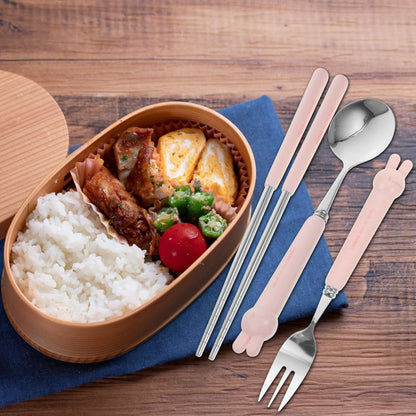 4 PCS Travel Utensils with Case, Portable Stainless Steel Reusable Cutlery Set for Lunch Box, Includes Spoon Fork Chopsticks, Small Pink Cartoon Flatware for Students, Kids School, Office, H