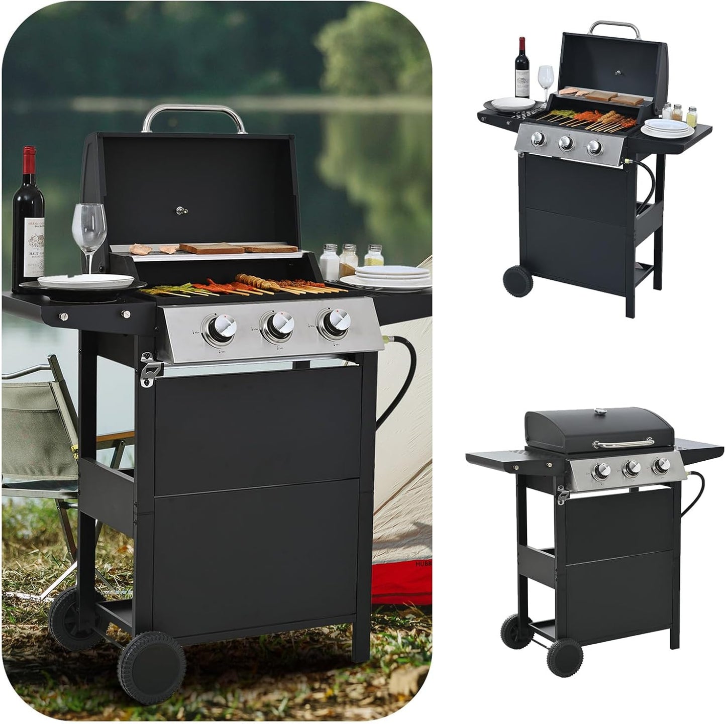 4 Burner Outdoor Propane Gas Grill with Side Burner & Thermometer, Stainless Steel Barbecue Grill with Wheels for Patio BBQ Cooking, Camping