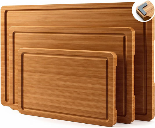 3 Pack Non Toxic Bamboo Cutting Board Set with Non Slip Feet and Juice Groove Solid Wooden Chopping Boards for Kitchen Meat Hard Large Wood Cutting Board Serving Bread Charcuterie Boards Butcher Block